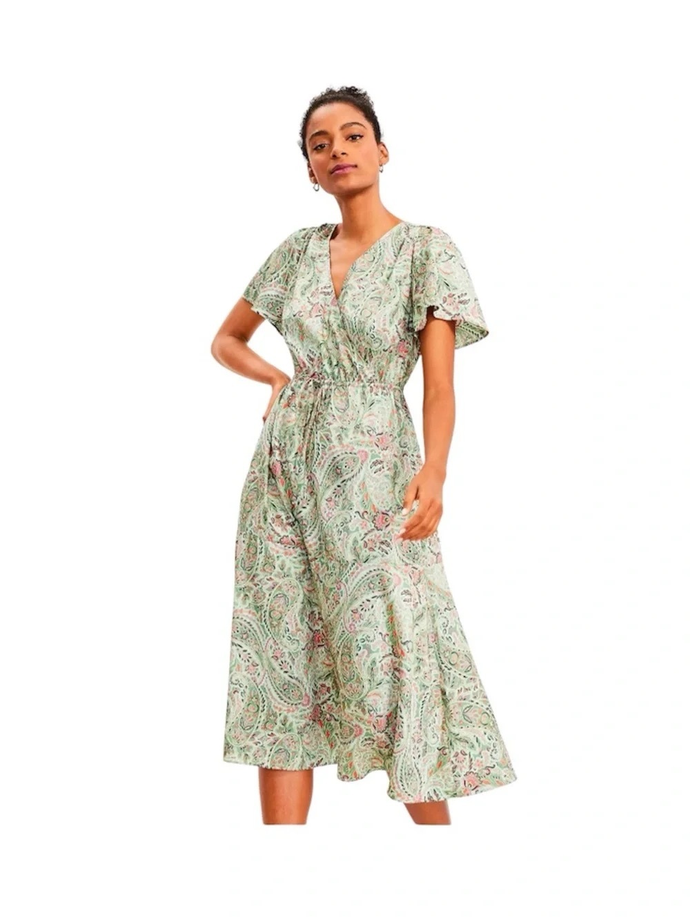 LOFT Green Paisley V-Neck Midi Dress